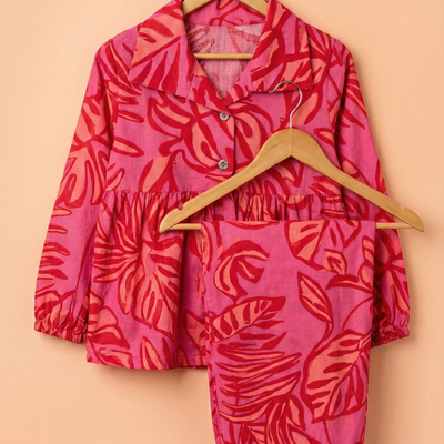 Girls Floral Print Cotton Pink Co-Ord Set hover