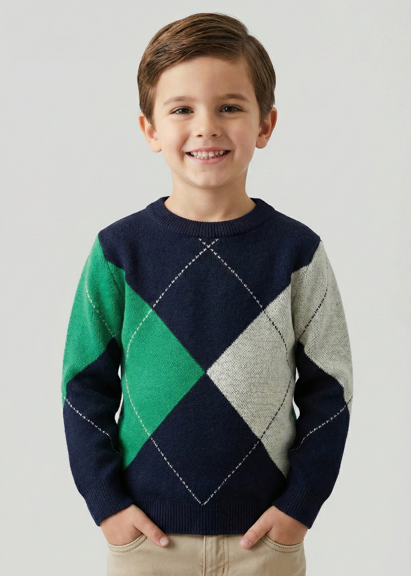 Child wearing a colorful argyle sweater on a plain background