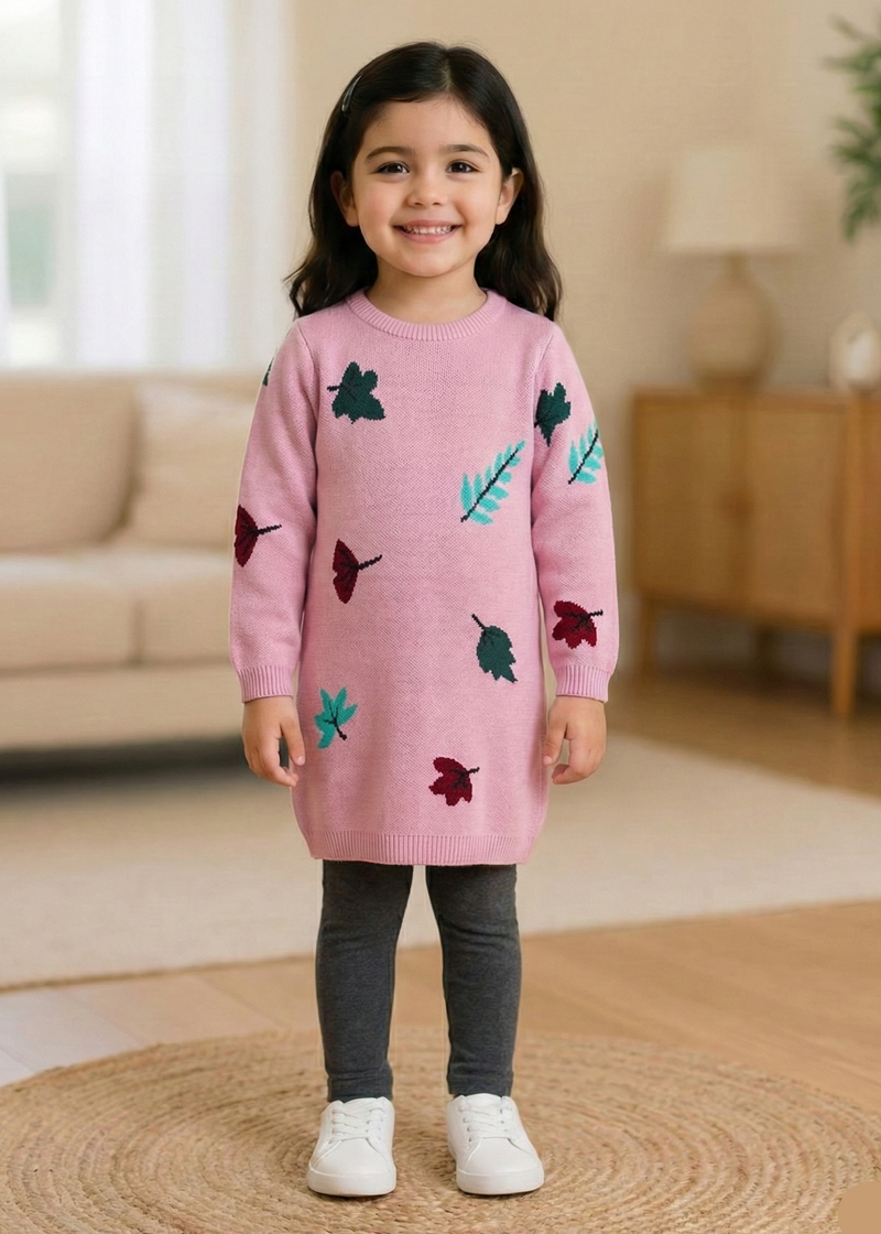 Girls Leaf Print Knit Sweater