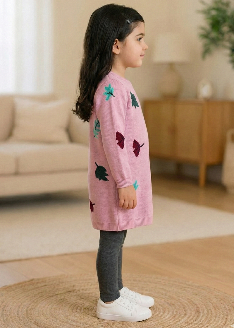 Girls Leaf Print Knit Sweater
